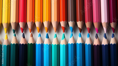 Colorful pencils arranged in a row on a white background.