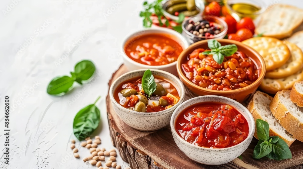A table bears bowls of food, nearby sits a stack of crackers, a baguette atop a cutting board, and a mound of bread A table bears bowls of food, nearby sits a stack of crackers, a baguette atop a cutting board, and a mound of bread