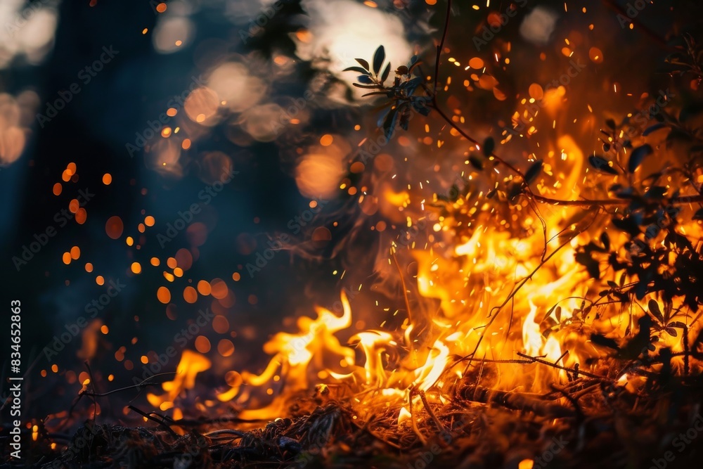 Bright yellow fire blazing against the night sky, AI-generated Bright yellow fire blazing against the night sky, AI-generated