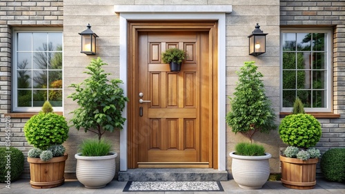 Modern farmhouse entrance door decorated with potted plants and a wooden door with glass , farmhouse, entrance, modern, potted plants, wooden door, glass, luxury, exterior, home, decor photo