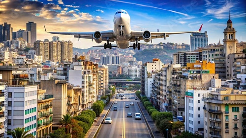 Airplane landing or taking off in the bustling city of Algiers, with skyscrapers and road signs in the background, Algiers, airplane, landing, take off, city, skyscraper, road sign photo