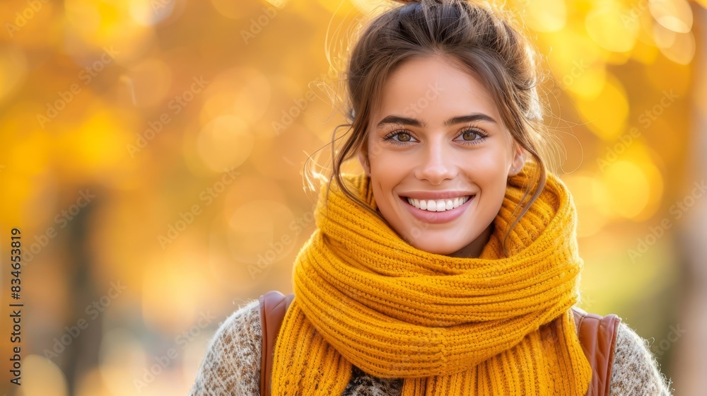 A woman, clad in a yellow scarf, grins at the camera against a backdrop of a tree sheathed in autumnal yellow leaves A woman, clad in a yellow scarf, grins at the camera against a backdrop of a tree sheathed in autumnal yellow leaves
