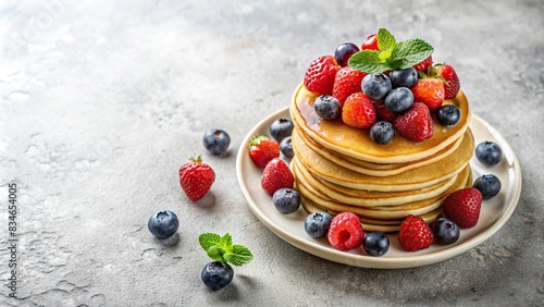 Fresh pancakes and berries arranged beautifully on a light gray concrete background for a healthy breakfast composition, with copy space, pancakes, berries, breakfast, composition