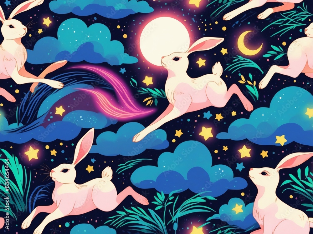 Naklejka premium moon gazing hare Seamless pattern - generative ai illustration