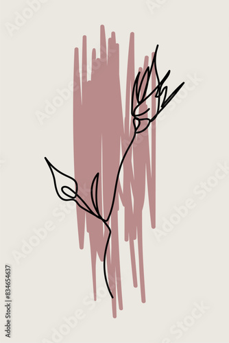 Abstract minimalist card with one continuous line bloom. Neutral earthy floral poster with black linear flower and geometric shapes. (ID: 834654637)