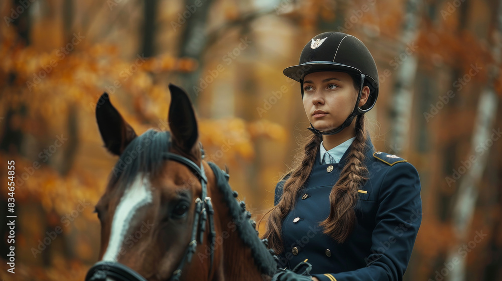 Fototapeta premium A woman in equestrian gear riding on the back of a brown horse