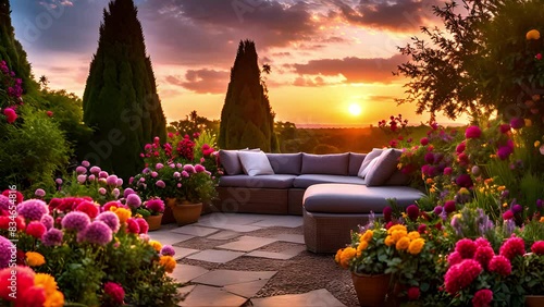 Snug garden with fluffy couches and vibrant flowers under a glowing sunset photo