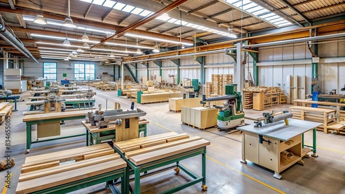 Interior of a furniture manufacturing workshop with various machines and tools, furniture, manufacturing, workshop, machinery, tools, industry, production, assembly line, woodwork © wasana