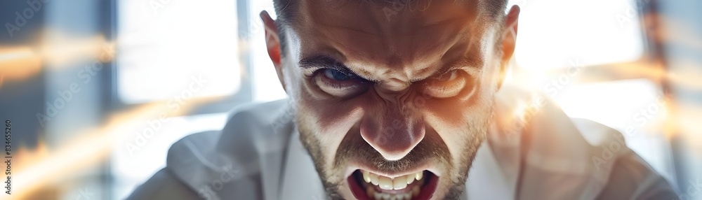 Enraged Office Worker Closeup with Furrowed Brows and Intense Lighting