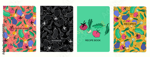 Cover page vector templates for recipe books based on seamless patterns with hand drawn fruits, vegetables, kitchen utensils Healthy fruit, vegan food concept