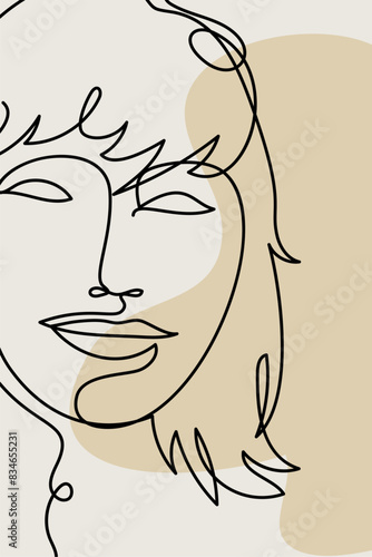 Card or poster with one single line drawing of female face and abstract shapes. Monochrome minimalist portrait. Modern trendy fashion sketch of woman head (ID: 834655231)