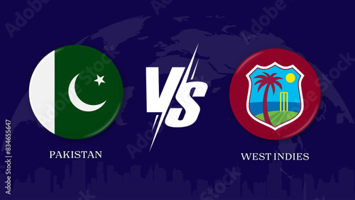  Pakistan vs west indies flag, world map and building skyline use for t20 cricket world cup  template banner design.