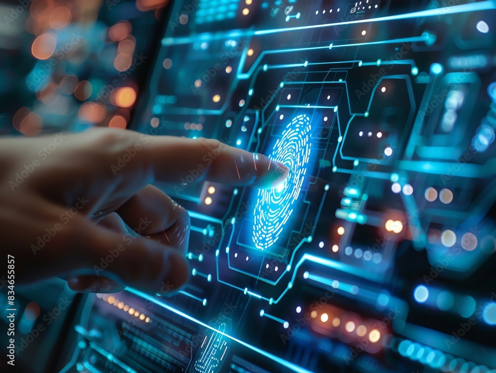 Fototapeta premium A person using a futuristic touchscreen interface with fingerprint recognition for advanced security and biometric technology applications.