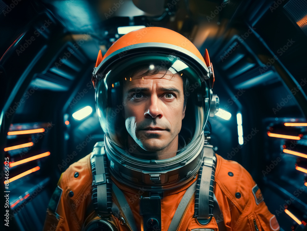 An astronaut in an orange suit with helmet, inside a spacecraft, against a detailed background, concept of space exploration. Generative AI An astronaut in an orange suit with helmet, inside a spacecraft, against a detailed background, concept of space exploration. Generative AI