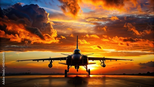 Silhouette of military attack aircraft against vibrant sunset sky , aircraft, military, attack, silhouette, sunset, sky, aircraft, airplane, warfare, dusk, evening, colorful, dramatic