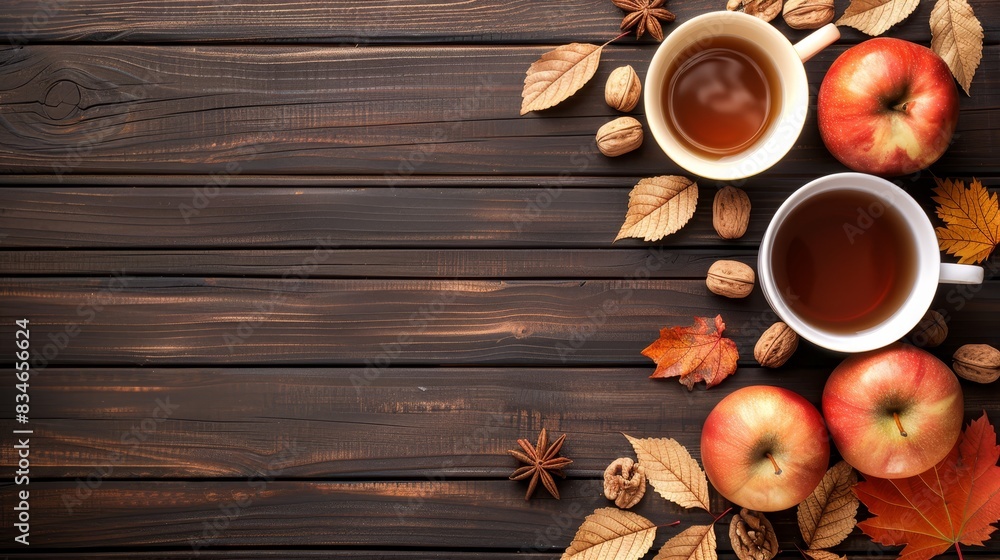 A cup of tea on a wooden table, surrounded by autumn leaves, nuts, and an apple Anisette beside the table A cup of tea on a wooden table, surrounded by autumn leaves, nuts, and an apple Anisette beside the table