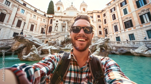 Young man taking a selfie in front of historical building. Urban adventure captured through lens. Fun and energetic style in city sightseeing. AI © Irina Ukrainets