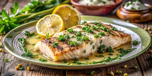 Grilled halibut with lemon butter and herbs on a plate in beautiful lighting, food, seafood, gourmet, dish, cuisine, culinary, delicious, freshness, healthy, cooking, recipe, lemon, butter photo