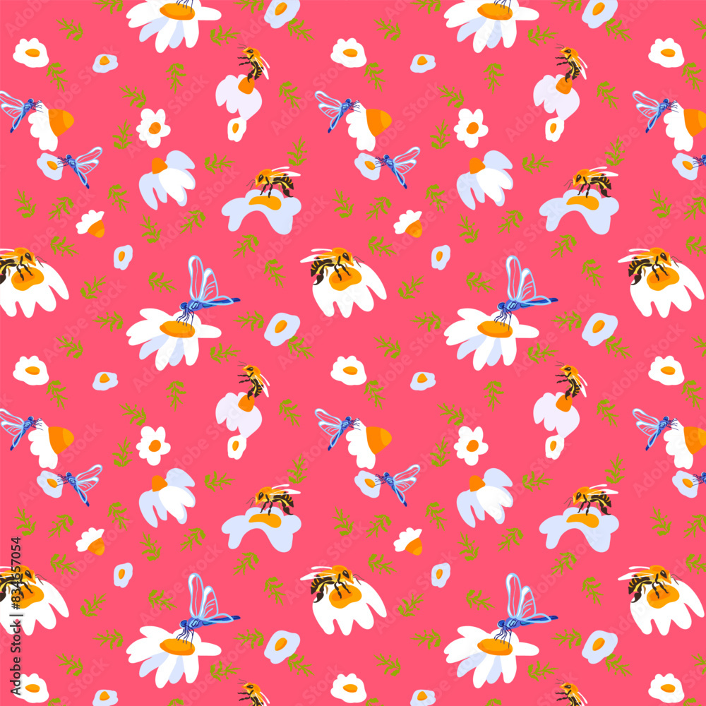 Seamless pattern bee dragonfly daisy Red background wild flower postcard poster banner Spring summer Fabric clothes wrapping wallpaper template Textile.. Seamless pattern bee dragonfly daisy Red background wild flower postcard poster banner Spring summer Fabric clothes wrapping wallpaper template Textile..
