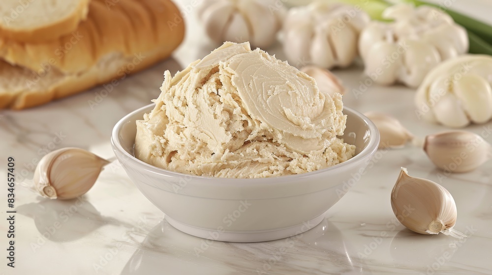 a bowl of food in focus, surrounded by garlic, bread slices, and garlic cloves in the background A loaf of bread sits a bowl of food in focus, surrounded by garlic, bread slices, and garlic cloves in the background A loaf of bread sits