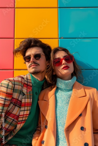 A trendy couple poses confidently against a vibrant background of colored tiles, showcasing modern fashion and attitude.
