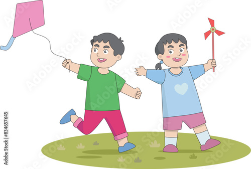 A boy and a girl are happily playing with kites and windmills. Vector children illustration