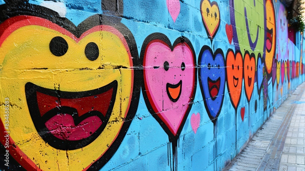 Obraz premium Colorful mural of hearts with smiling faces on a wall. The mural is a cheerful and positive representation of love and happiness