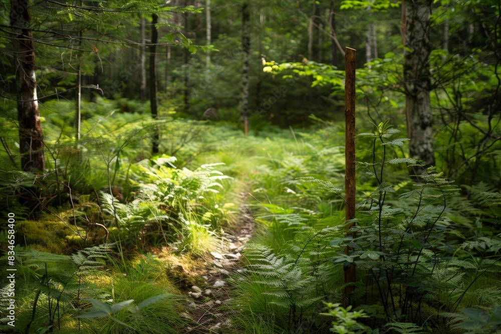 Lush green forest path with ferns and foliage Lush green forest path with ferns and foliage