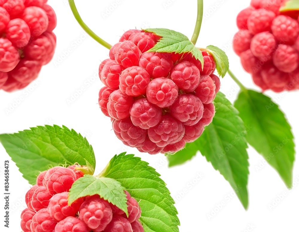 Fresh Red Raspberries With Green Leaves on White Background Fresh Red Raspberries With Green Leaves on White Background