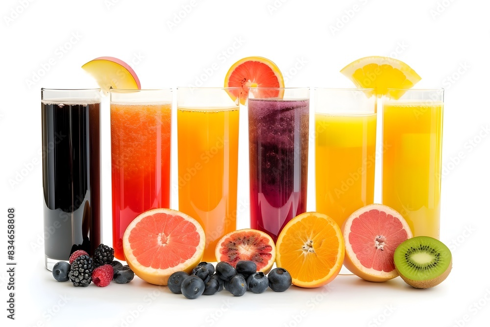 Vibrant Fruit Juices in Tall Glasses on White Background Vibrant Fruit Juices in Tall Glasses on White Background