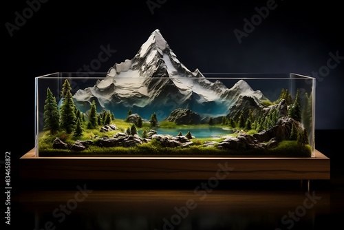 Fantasy landscape with mountains and village in glass box