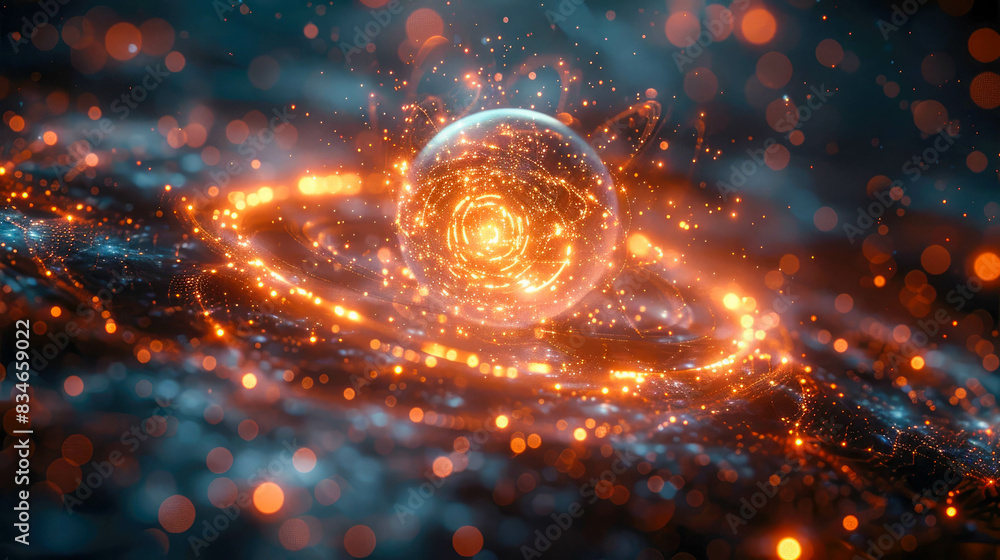 Obraz premium Abstract yellow orange glowing energy magic bright high tech sphere ball circle in fire and smoke background
