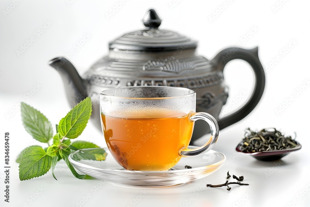 Soothing Herbal Tea with Elegant Teapot on White Background Soothing Herbal Tea with Elegant Teapot on White Background