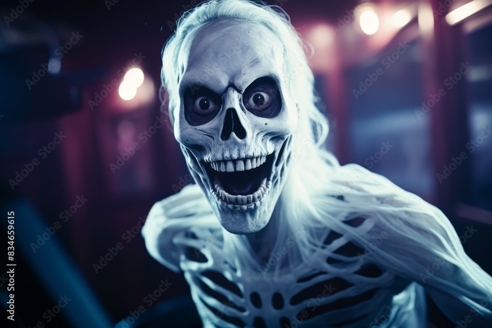 Creepy skeleton figure with glowing eyes in the dark Creepy skeleton figure with glowing eyes in the dark