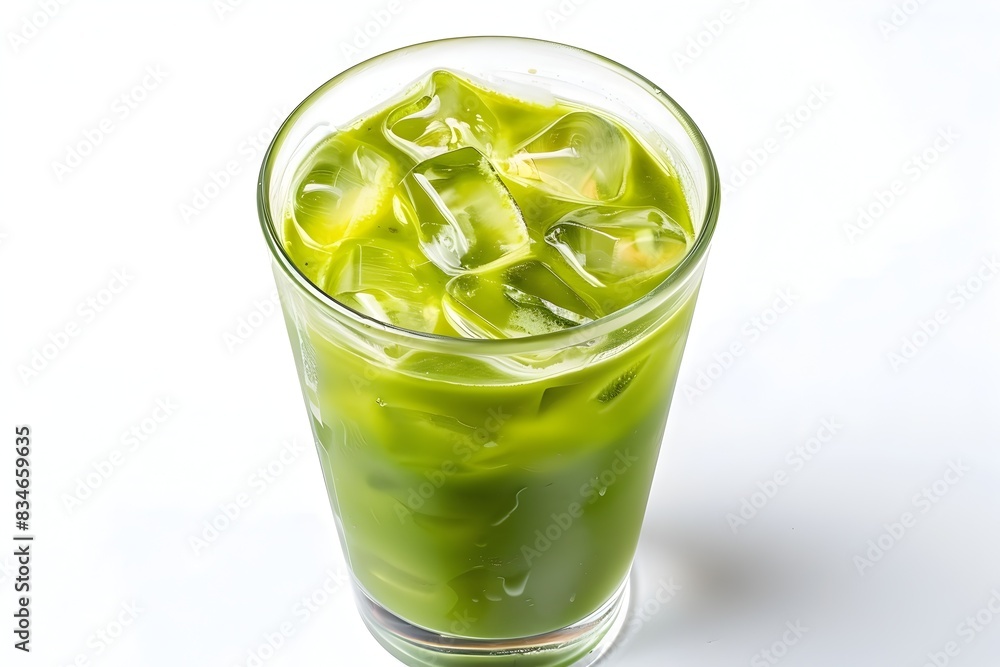 Refreshing Iced Matcha Tea in a Transparent Glass on White Background Refreshing Iced Matcha Tea in a Transparent Glass on White Background