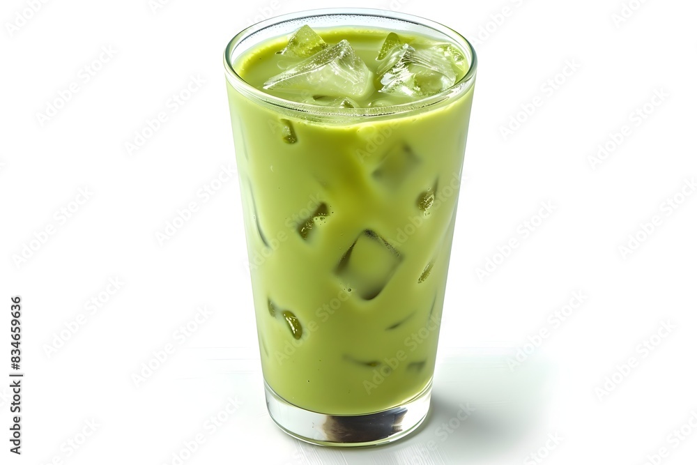 Refreshing Iced Matcha Tea in a Chilled Glass Against a White Background Refreshing Iced Matcha Tea in a Chilled Glass Against a White Background