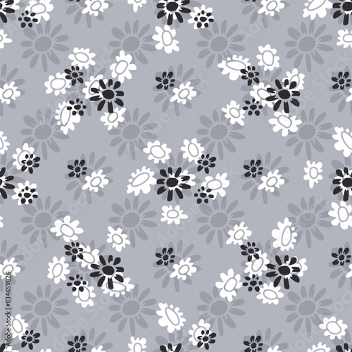 Monochrome seamless pattern with abstract retro wild flower blooms on gray background. Vintage ditsy floral digital paper (ID: 834659826)