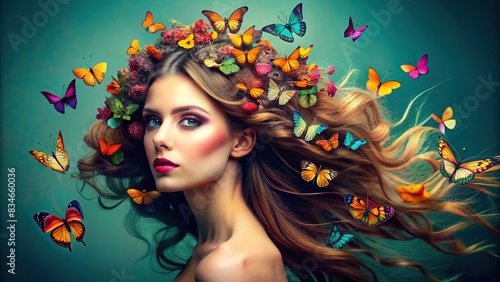 Beautiful woman with long hair and colorful butterflies flying around her head on a teal background, woman, beauty, long hair, butterflies, colorful, teal, background, nature, surreal