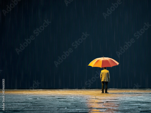 Person with a yellow jacket holding an orange-yellow umbrella in the rain  dark blue background  concept of solitude. Generative AI