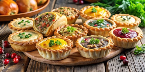 Traditional Russian open pies with various fillings, known as rastegay , Russian cuisine, baked goods, savory pies, traditional food, homemade, rustic, pastry, delicious, appetizing