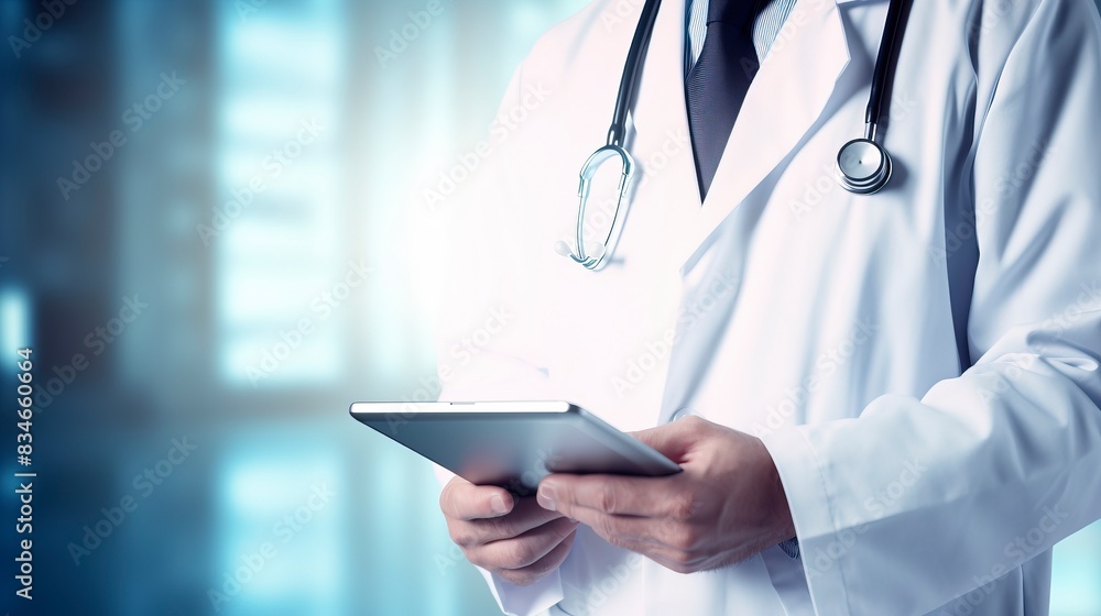 Doctor using digital tablet, modern technology in medicine and healthcare concept , one color background, copy space, generative ai Doctor using digital tablet, modern technology in medicine and healthcare concept , one color background, copy space, generative ai