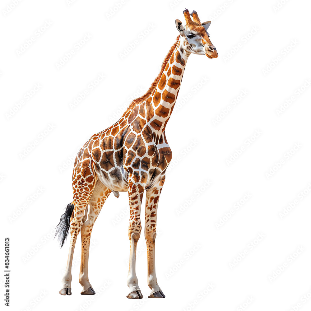 Naklejka premium Image shows a tall giraffe standing on all four legs, looking to the right. The giraffe has a long neck and a spotted coat.