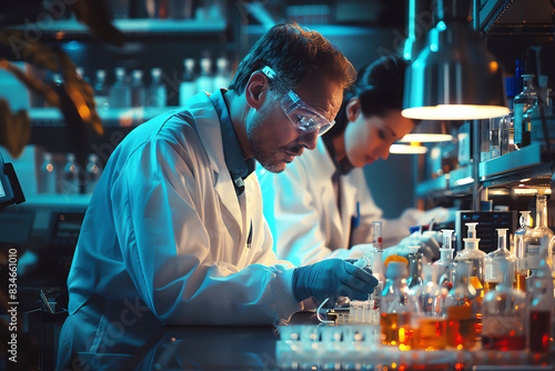 An intricate laboratory scene showcasing scientists in white lab coats working with advanced equipment and biological samples.
