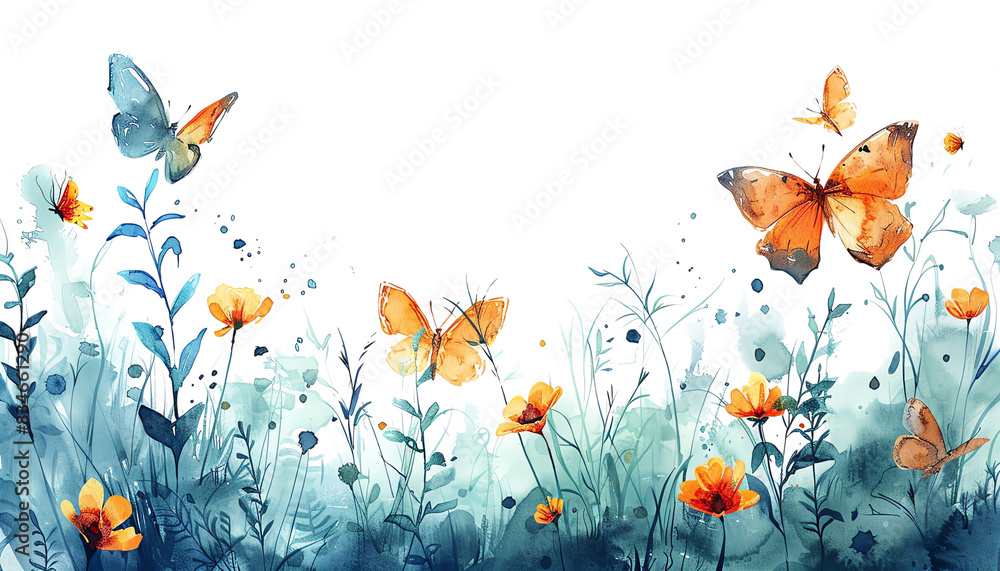 The image shows a beautiful meadow with colorful flowers and butterflies