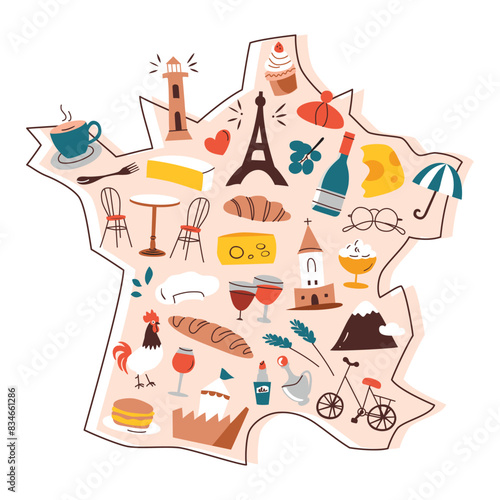 France map with doodles, french national symbols on country shape, travelling to Paris, Eifel tower vector illustration, geography cartoon composition for poster, brochure, and childrens book