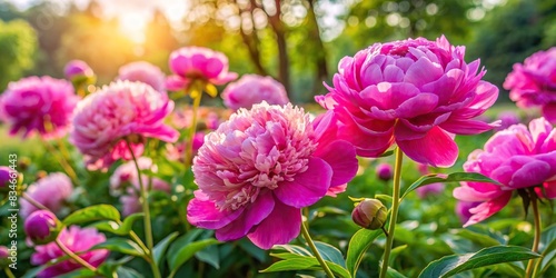 Peony Sorbet blooms in a vibrant garden on a sunny day with big pink flowers, Peony, Sorbet, Garden, Sunny day, Paeonia Lactiflora, Hybriden, Spring, Mothers Day, Earth Day, Blooming, Pink photo