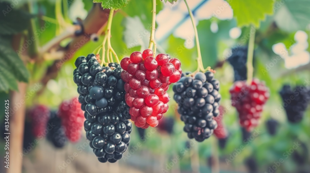 Ripe Blackberries and Raspberries Hanging on Vine Ripe Blackberries and Raspberries Hanging on Vine