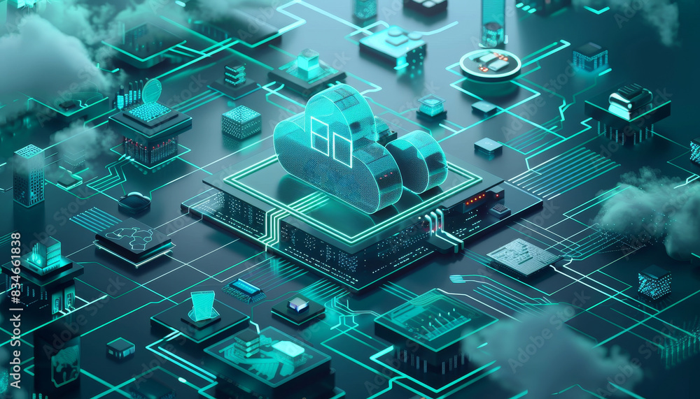 3D isometric cloud with computer chip, Concept of cloud computing and technology by AI generated image 3D isometric cloud with computer chip, Concept of cloud computing and technology by AI generated image