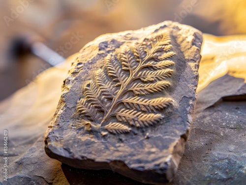 Fossilized fern leaf imprint on rock