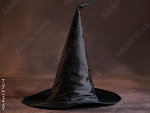 Mysterious black witch hat on dark background photo